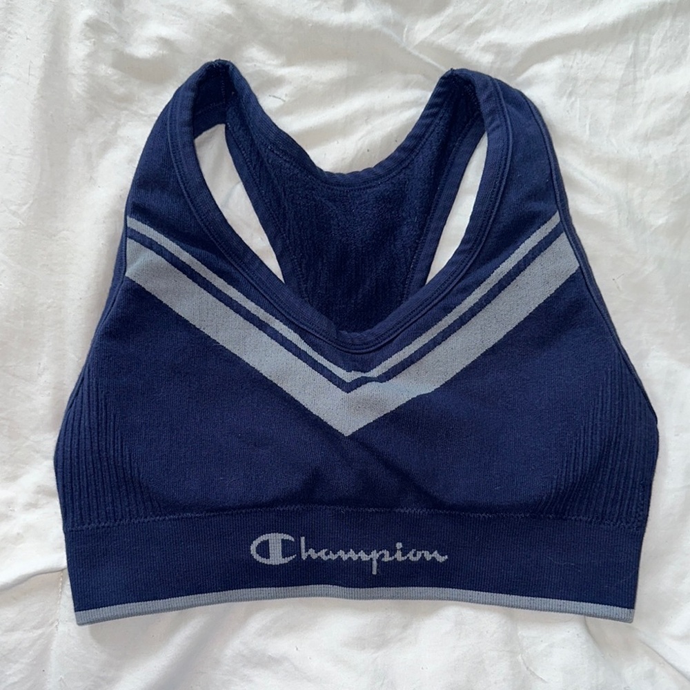 Champion Dark Blue Sports Bra with Gray Stripes